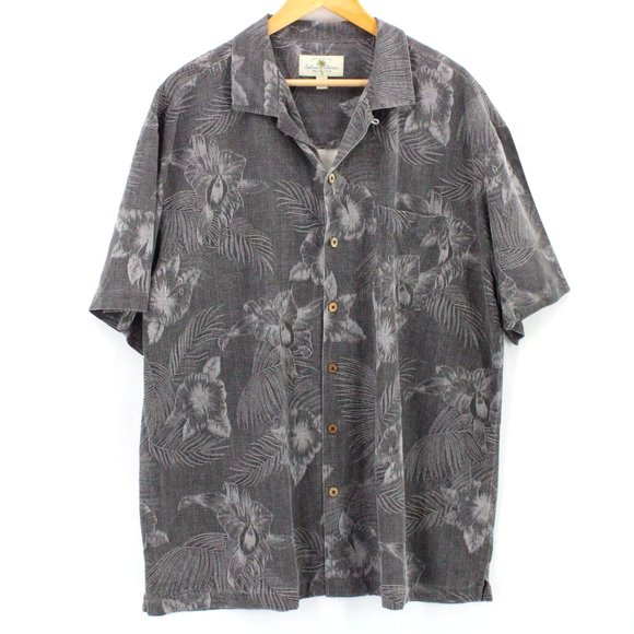Vintage Island Shores Silk Hawaiian Shirt Mens Gray Floral Button Down Size 2XL - Picture 1 of 8